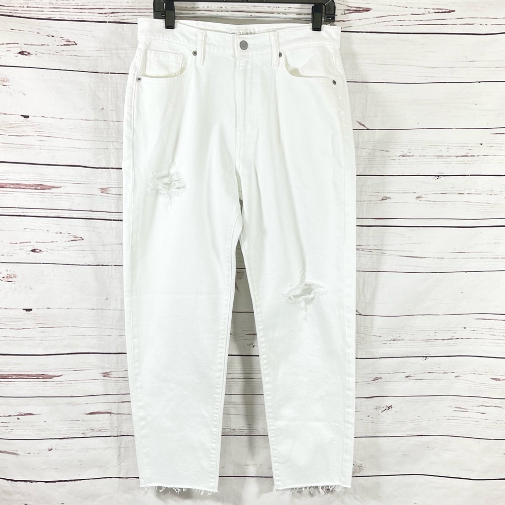 Lucky Brand Drew Mom Jeans Womens 8 White โ High Rise Distressed Raw Hem